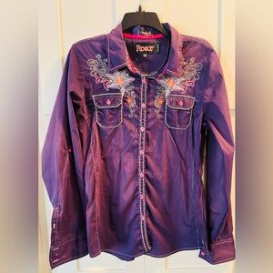 Roar Purple Button-Up Shirt with Pink & Orange Embroidery